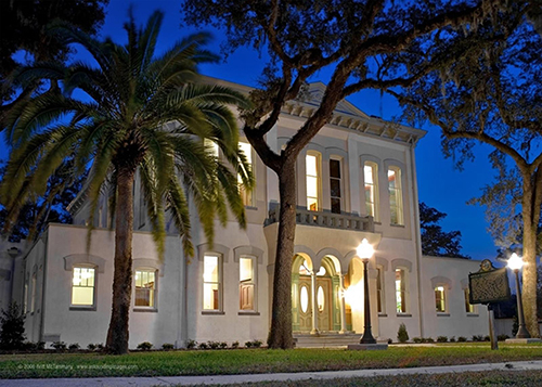 historic courthouse at night